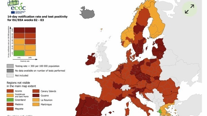 Η Ελλάδα παραμένει η μοναδική ευρωπαϊκή χώρα με “πράσινες” περιοχές στους εβδομαδιαίους χάρτες του ECDC
